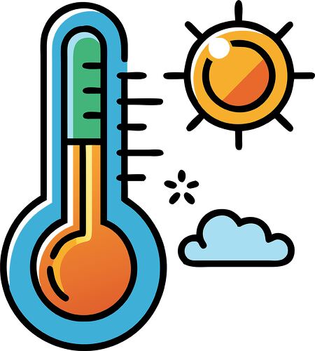 A colorful thermometer graphic showing temperature levels with a sun and a cloud