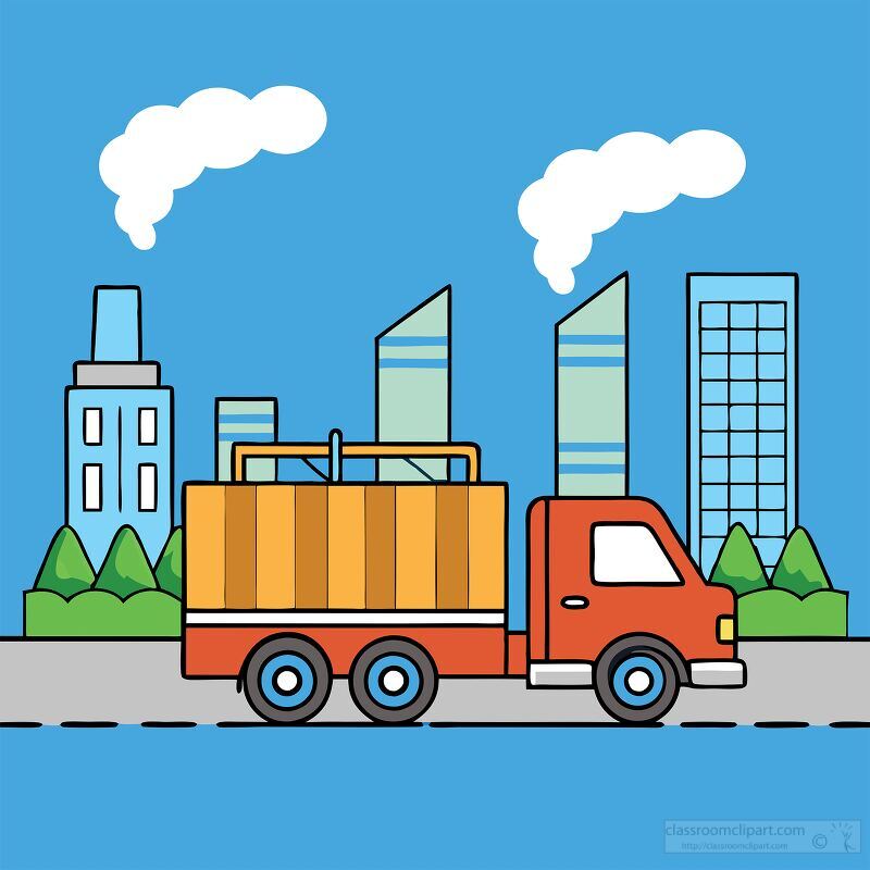 A bright orange truck travels along a road surrounded by modern skyscrapers and green trees, with light clouds of smoke billowing from factory chimneys under a clear blue sky.