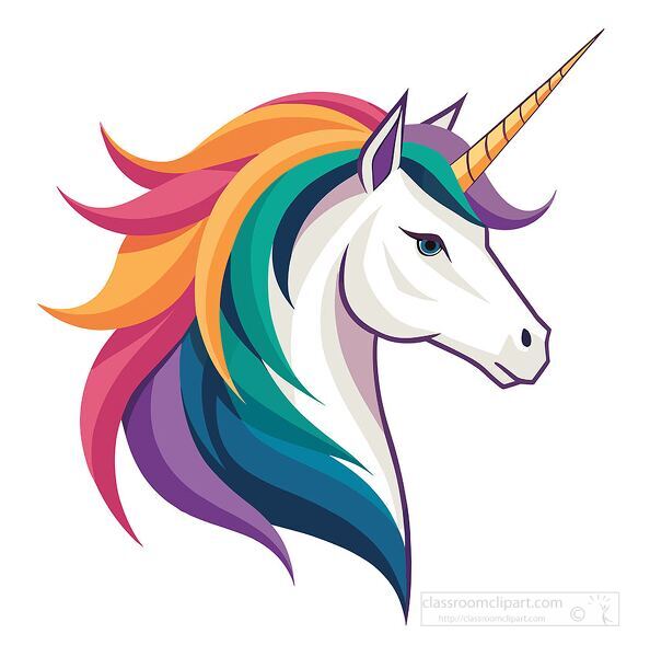 vibrant flat vector illustration of a white unicorn head with a multicolored flowing mane and a spiral golden horn