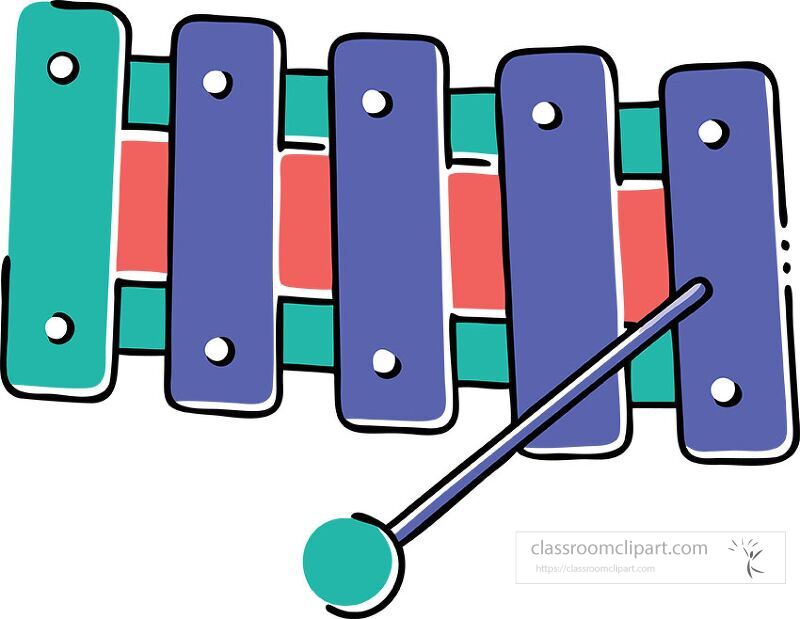 A vibrant xylophone displays several colorful bars in shades of blue green and red with a mallet resting beside it ready for playful musical exploration