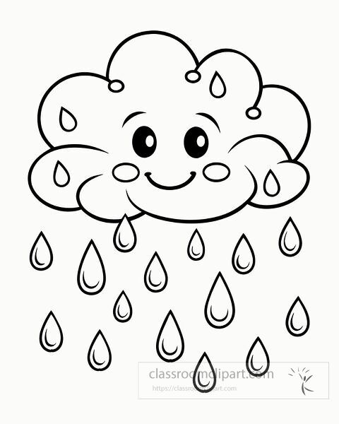 Fun coloring page featuring a smiling cloud and rain coloring printable