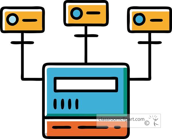 Colorful computer terminal icon featuring geometric shapes connected to devices