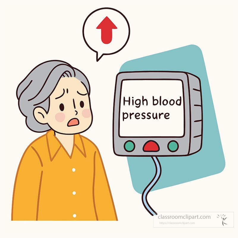 A middle-aged individual looks worried while checking a blood pressure monitor displaying high readings. The setting suggests a home environment reflecting health concerns.