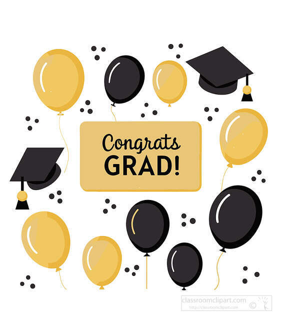 Graduation celebration layout with Congrats Grad text black and gold balloons caps and scattered confetti