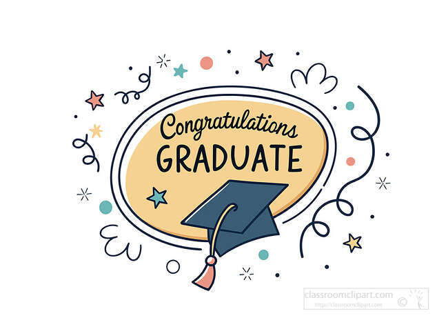 A festive Congratulations Graduate design with a graduation cap and playful stars is perfect for graduation celebration pages