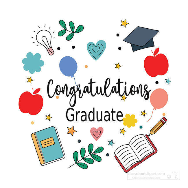 Congratulations Graduate lettering surrounded by school doodles apples balloons book pencil stars and cap