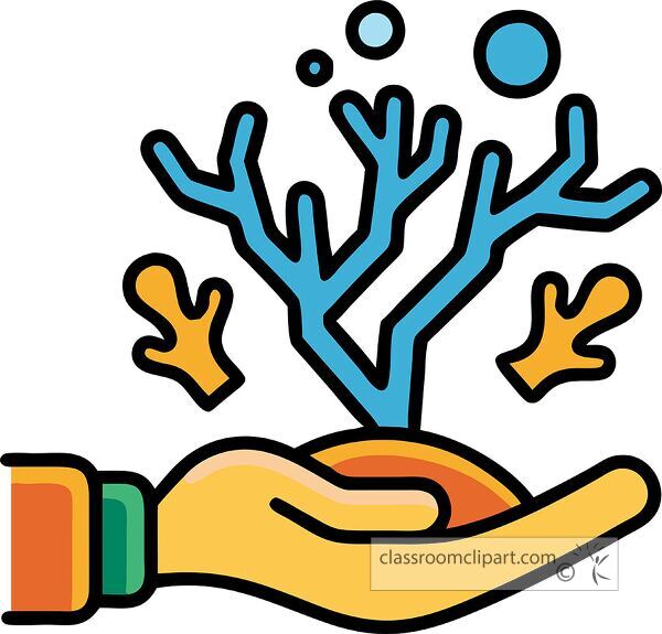 An illustration of a hand holding a circular object with coral-like structures emerging from it. The design features vibrant colors and a stylized representation of coral, symbolizing marine life and conservation.