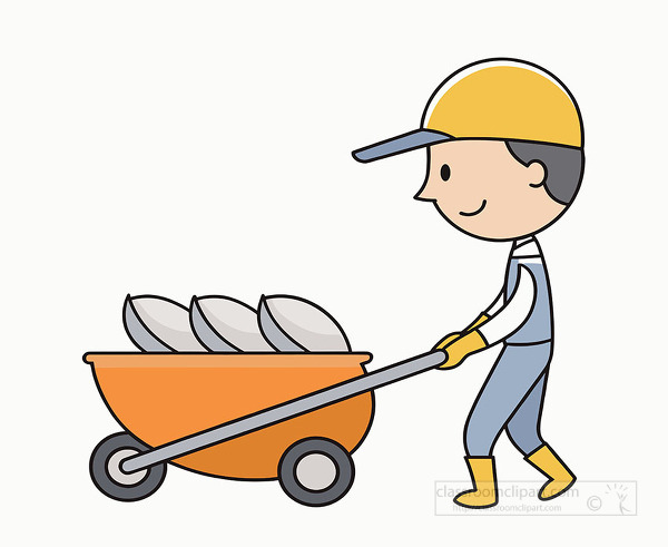imple illustration of a construction worker wearing a yellow hard hat gloves and boots while pushing a loaded wheelbarrow suitable for building site safety posters and manual labor