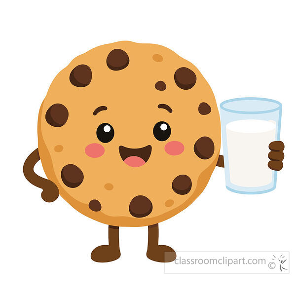 A smiling chocolate chip cookie character holds a glass of milk with rosy cheeks and dark chocolate chips