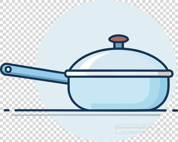 illustration of a cooking pan with a long handle and fitted lid in light blue tones