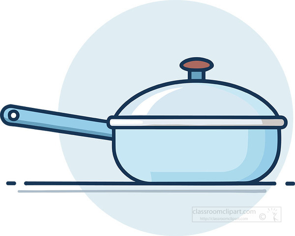 illustration of a cooking pan with a long handle and fitted lid in light blue tones