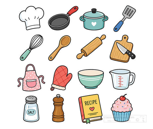 Cooking utensil set with chef hat pan pot spatula whisk rolling pin apron bowl recipe book and cupcake