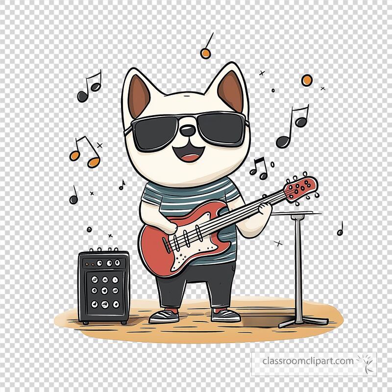 A dog dressed in cool attire plays an electric guitar while wearing sunglasses Music notes float around creating a lively atmosphere showcasing the dogs rock star vibe