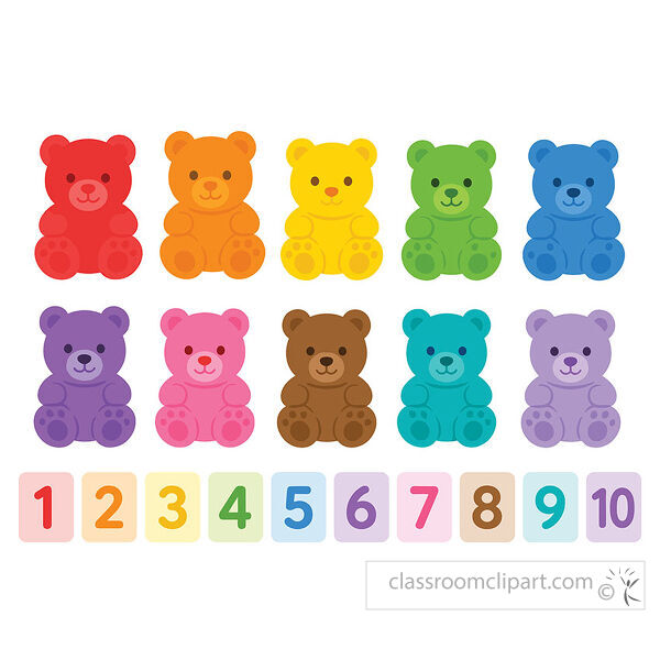 Counting bears clipart with ten colorful teddy bears and number cards from one to ten for early math learning