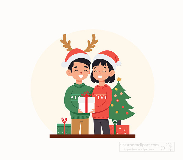 A smiling couple shares a Christmas gift beside a decorated holiday tree