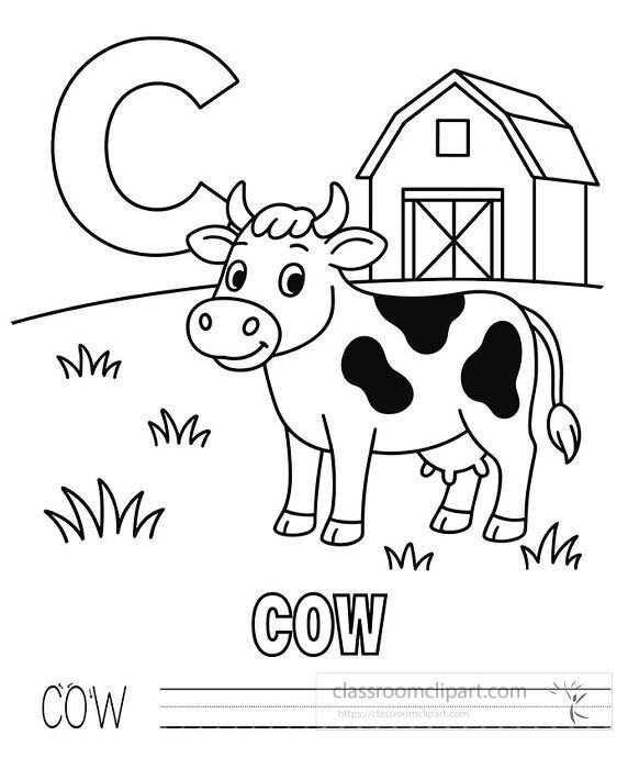  black and white educational coloring page showing a cow next to a barn with the letter c and word tracing lines