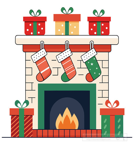 cozy Christmas fireplace features hanging stockings wrapped presents and a glowing fire.
