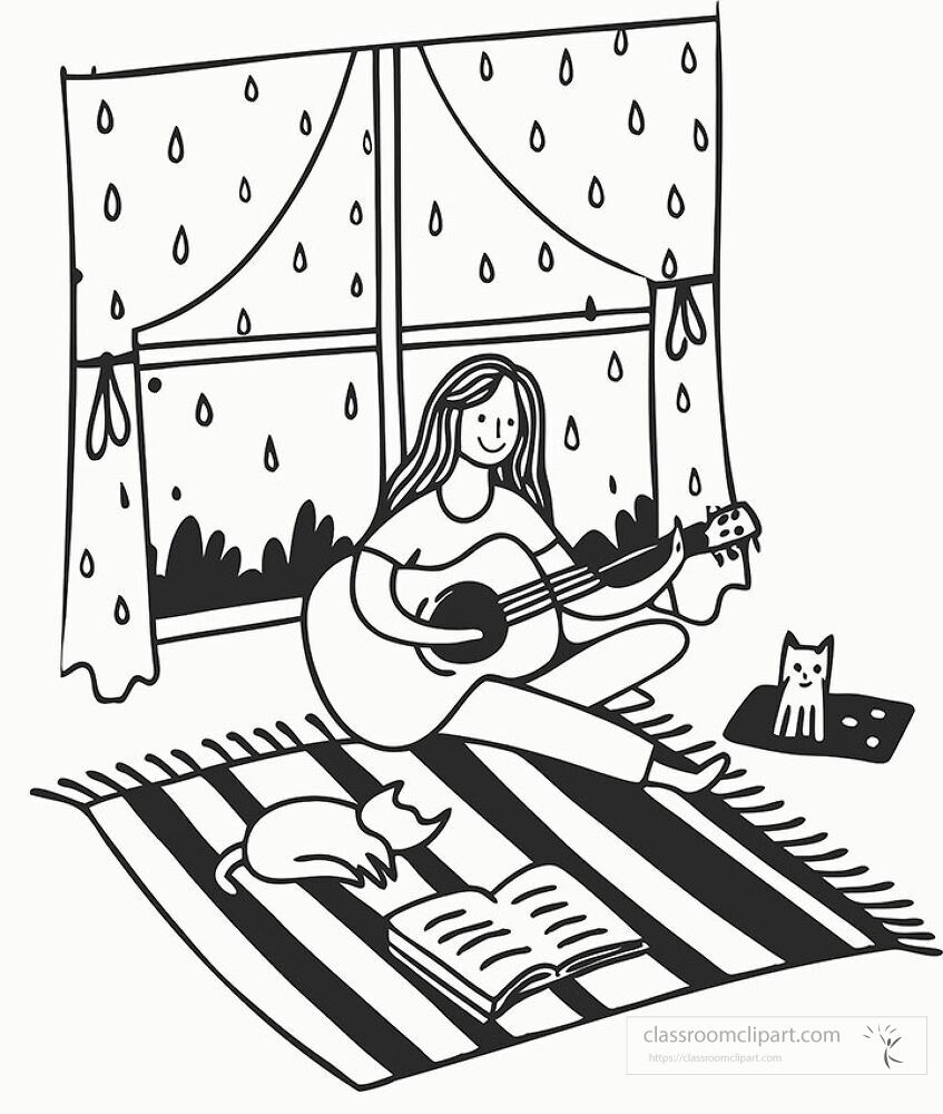 A young woman plays guitar while sitting on a striped rug A cat curls up nearby and a book lies open beside her Rain falls outside the window creating a serene atmosphere