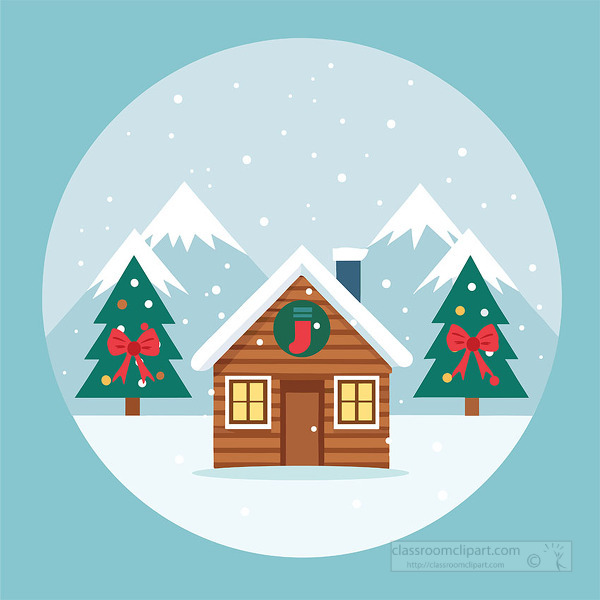 Wooden cabin with glowing windows between decorated christmas trees in a snowy mountain landscape