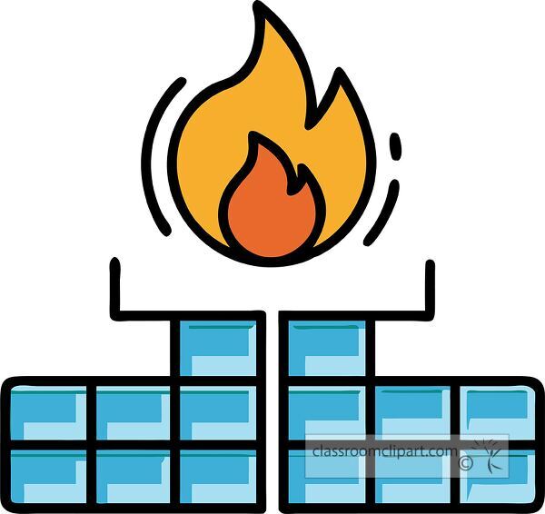 A vibrant firewall icon with a flame design above geometric shapes for protection