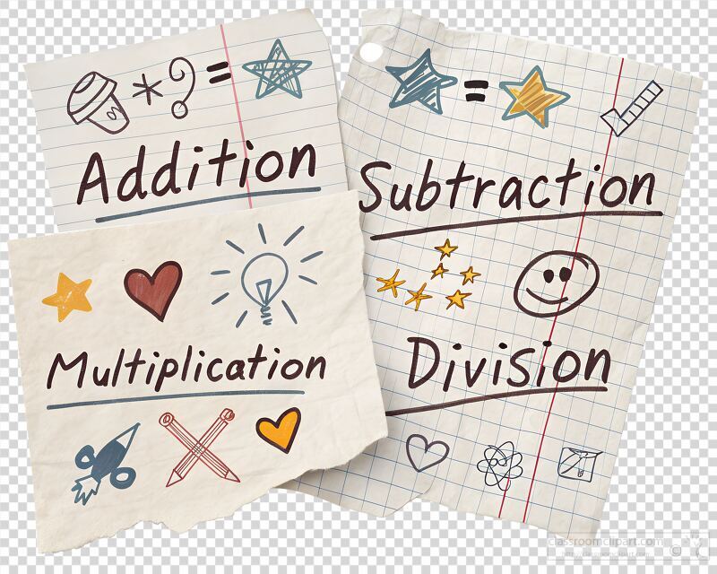 Scrap papers display hand drawn math symbols and operations.