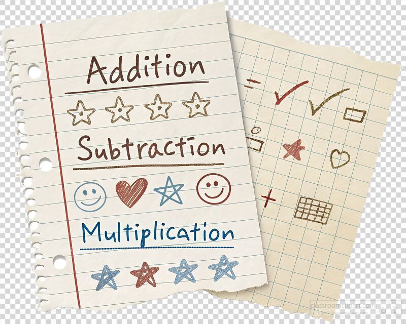 Hand drawn notes featuring math concepts including addition subtraction and multiplication. Doodles and checks show an engaging approach to learning set against a cozy background.