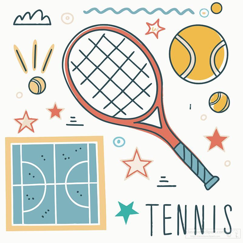 Various tennis elements are creatively illustrated, showcasing rackets, balls, and a court layout. Bright colors and playful shapes bring energy and vibrancy to the sports theme.