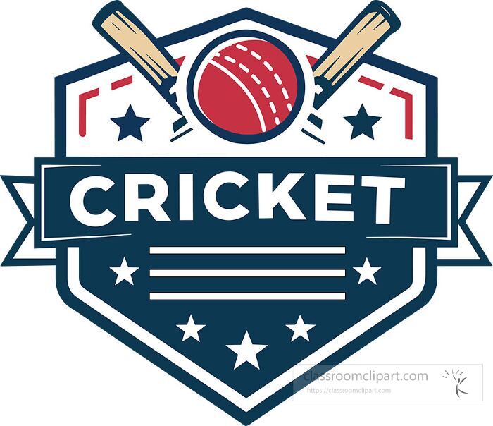 Flat vector illustration of cricket logo featuring crossed bats red ball and shield perfect for teams and tournaments