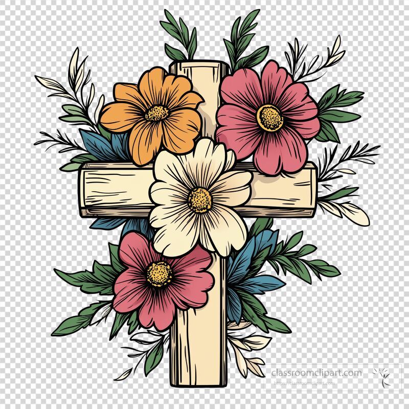 A rustic cross is embellished with vibrant flowers, including orange, pink, and cream blooms Surrounding leaves and greenery complement the design, creating a harmonious blend of nature and spiritual symbolism This artwork has a retro aesthetic