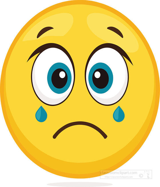 Yellow crying emoji with large blue eyes two blue tears raised eyebrows and a sad mouth