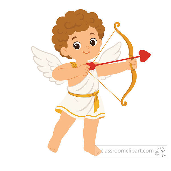 Cupid with white wings holding a golden bow and red heart tipped arrow