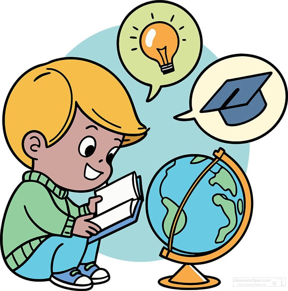 A cheerful child sits on the floor, deeply engaged with a book while gazing at a colorful globe. Above, lightbulbs and a graduation cap represent ideas and learning.