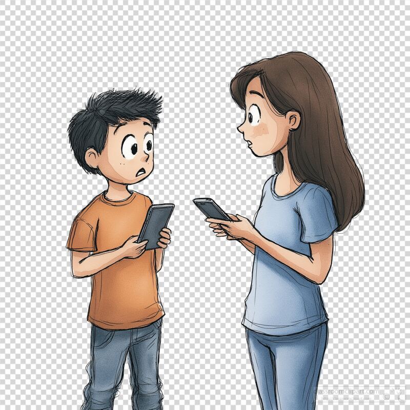 Two children stand facing each other each holding a smartphone. Their expressions show surprise and intrigue as they share exciting news during a moment of discovery.