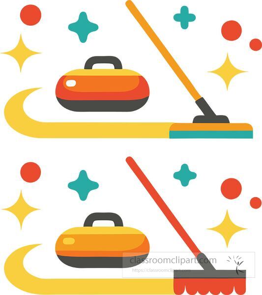 Illustration of a curling stone and broom on a vibrant background Clip Art