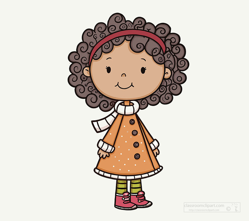 A cheerful cartoon girl with curly hair wearing a warm winter coat scarf and boots