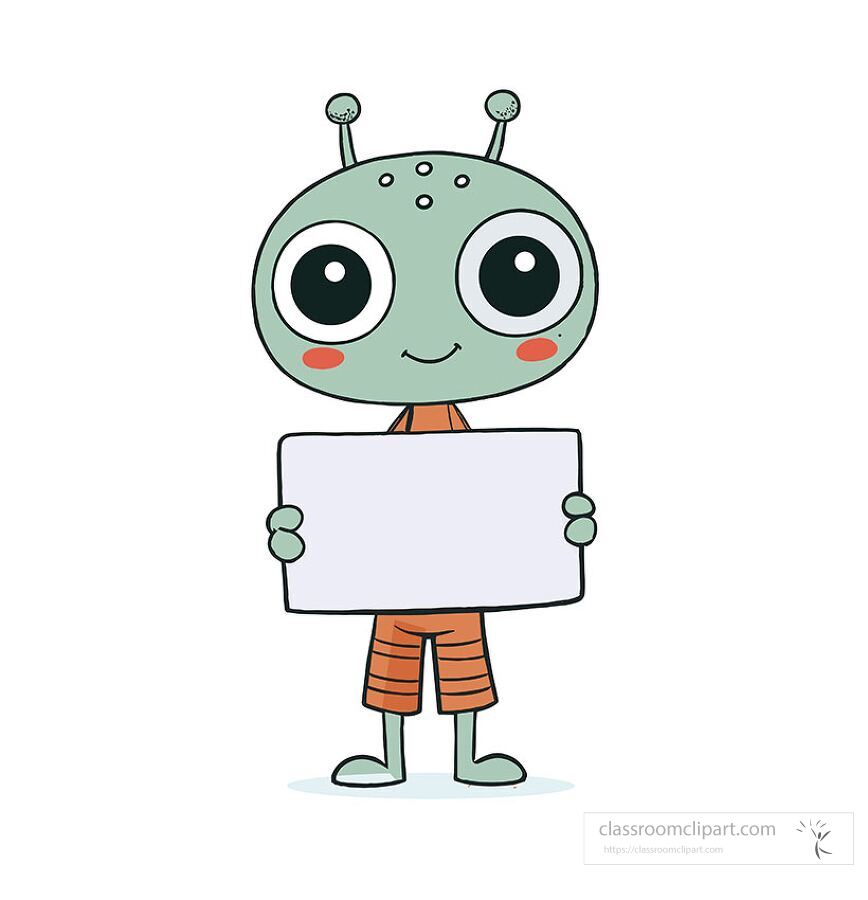 cartoon illustration of a smiling green alien holding a blank sign for customizable messages