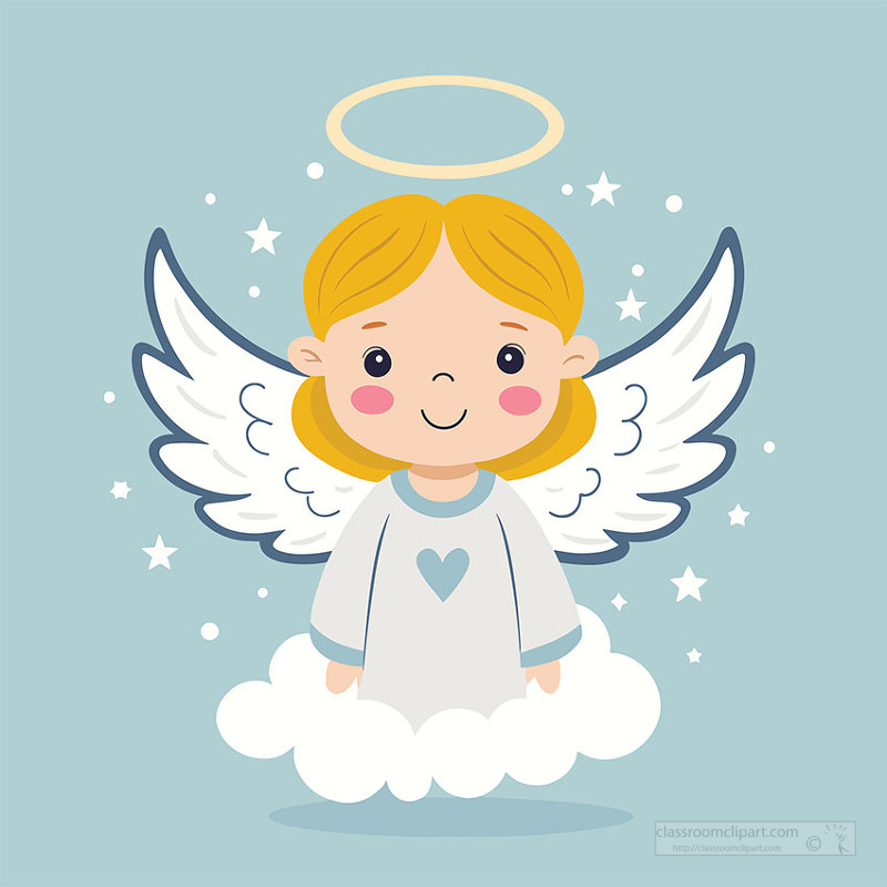 Adorable angel character with wings halo and stars on soft cloud