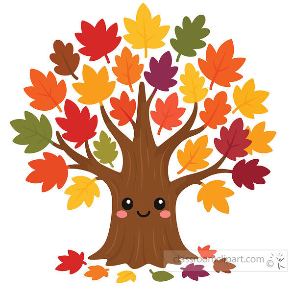 Smiling autumn tree displays colorful seasonal leaves for fall classroom decor crafts and childrens learning projects