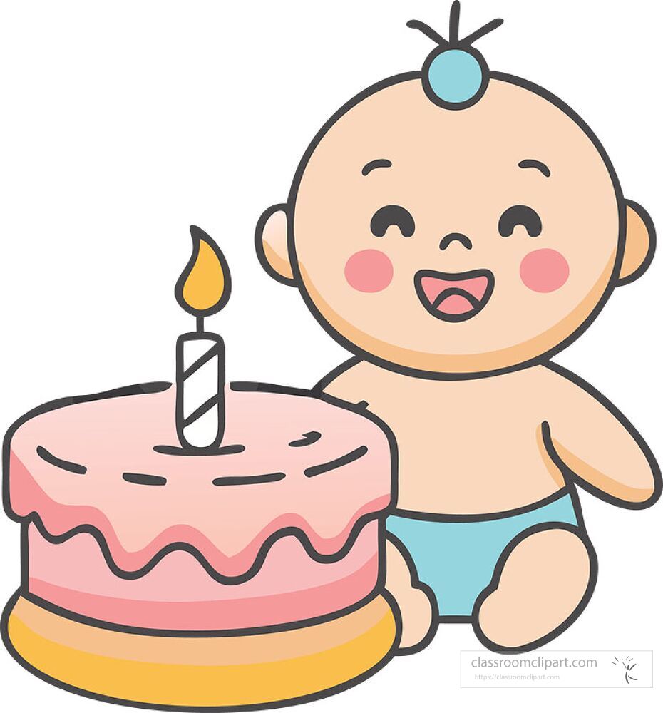 A cheerful baby boy sits beside a colorful birthday cake topped with a single candle The baby smiles joyfully enjoying the festive atmosphere of his celebration