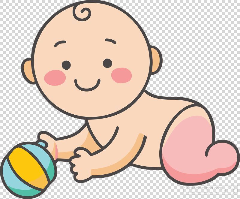 A joyful baby boy is engaged in playful exploration crawling on his belly while interacting with a colorful ball. His cheerful expression radiates happiness and curiosity.