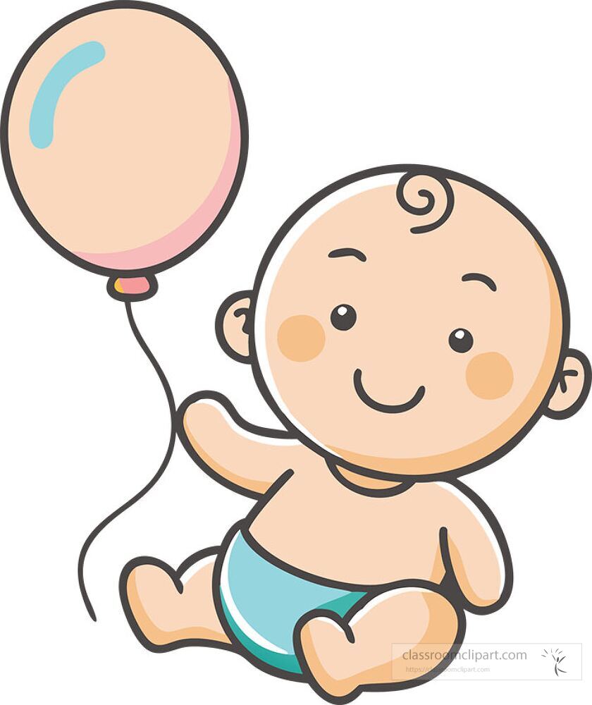 A happy baby sitting and holding a colorful balloon in a joyful clip art style The baby has a cheerful expression and is dressed in light blue attire perfect for decoration or prints