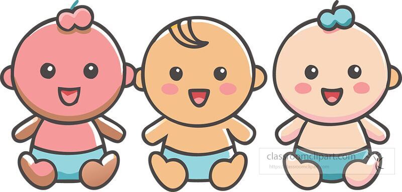 Three adorable baby icons with smiling faces showcase different hair colors and styles Each baby wears blue diapers and radiates joy in a colorful design perfect for playful themes