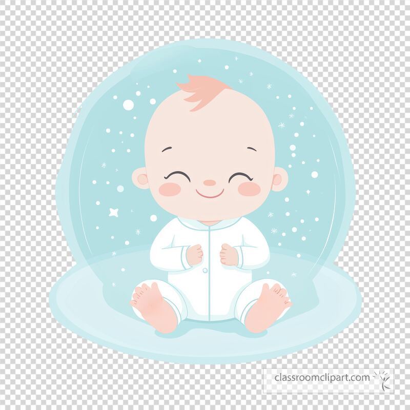 A happy baby sits inside a transparent bubble wearing cozy pajamas The surrounding area sparkles creating a whimsical atmosphere Perfect for playful and joyful themes