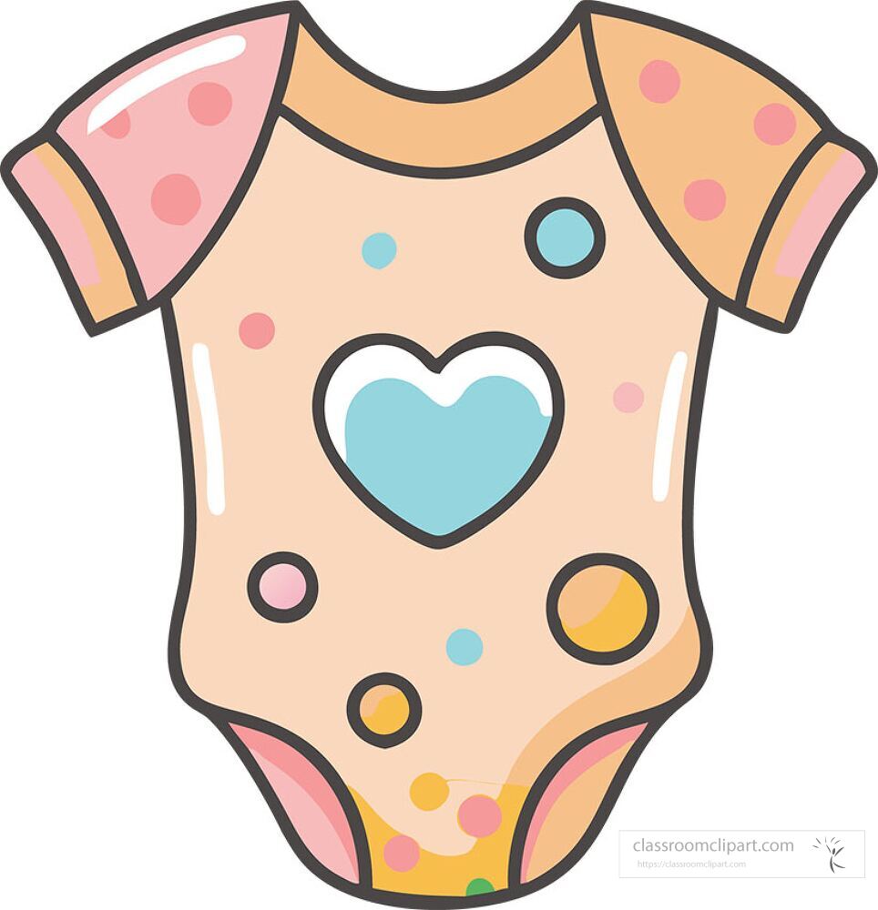 A delightful baby onesie is showcased with a heart design at the center surrounded by vibrant colored dots The soft colors and playful patterns create an adorable look for infants