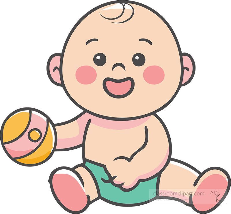 A joyful baby with a big smile sits on the ground holding a bright yellow and pink ball The baby has rosy cheeks and a playful expression exuding happiness