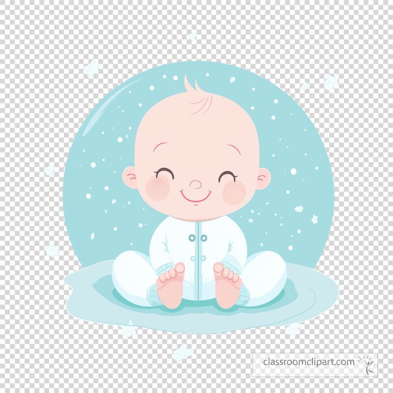 A happy baby with light hair sits cross legged on a snowy surface The soft blue background adds a playful atmosphere enhancing the joyful expression of the infant in winter vibes