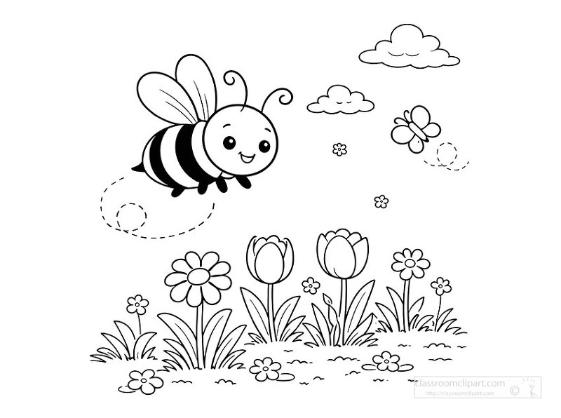 Black and white coloring page of happy bee flying over blooming spring garden flowers