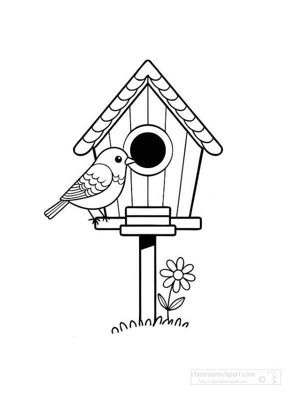Black and white coloring page of cute bird standing on birdhouse with flower beside