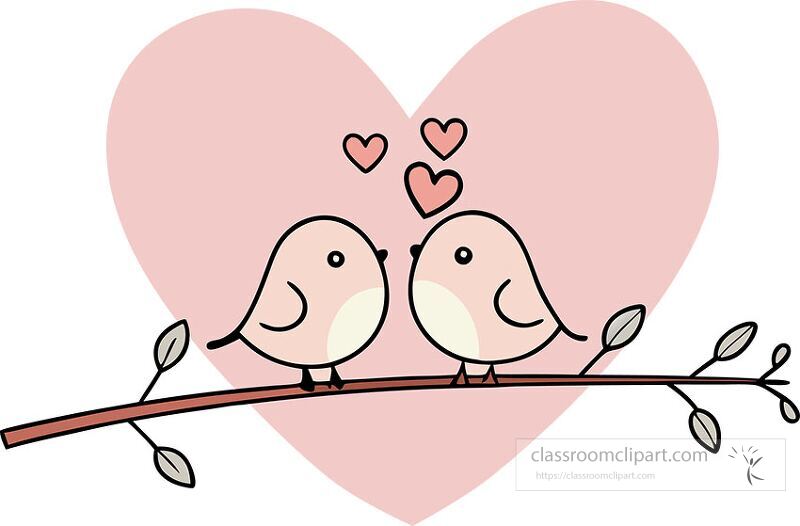 Two adorable birds sit on a branch with a light pink background. Hearts float above them creating a romantic and playful atmosphere ideal for expressing love and affection.