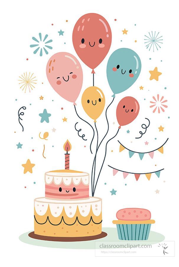 birthday clipart with happy balloons birthday cake cupcake and festive decorations perfect for kids birthday invitations and classroom bulletin boards